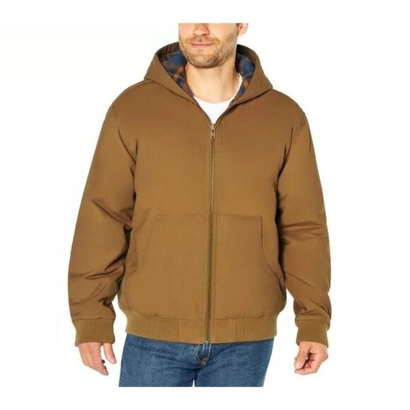 Woolrich Mens XXL Canvas Hooded Jacket Plaid Kangaroo Pocket Zipper Hoodie Brown - Picture 1 of 11